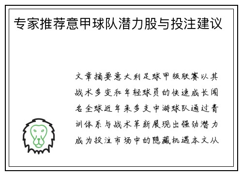 专家推荐意甲球队潜力股与投注建议