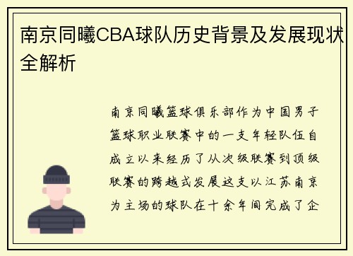 南京同曦CBA球队历史背景及发展现状全解析